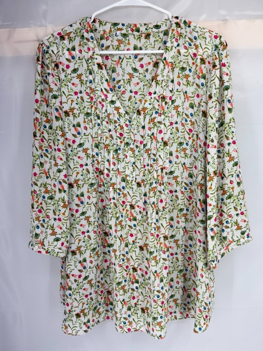Rose & Olive Women 1X Floral Blouse Tunic Top Green Pink 3/4 Sleeve Pleated